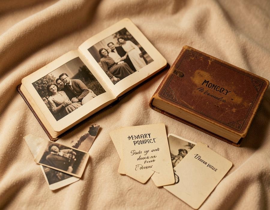 Fotografias antigas, álbum e cartões de lembranças sobre um tecido claro